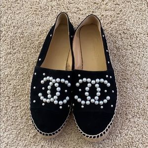 Chanel black suede pearl shoes
